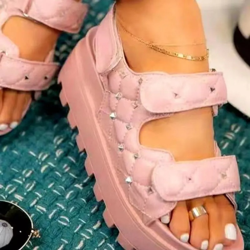 Velcro Strap Sandal - Sandálias grossas femininas, dupla camada, sandálias